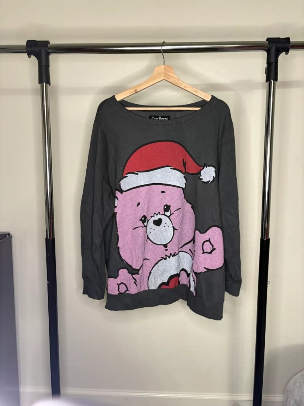 Care Bears Cheer Bear Santa Hat Christmas Sweatshirt Charcoal Gray Oversized L/X
